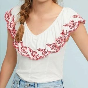 Anthropologie Julieta Ruffled Top red embroidered small